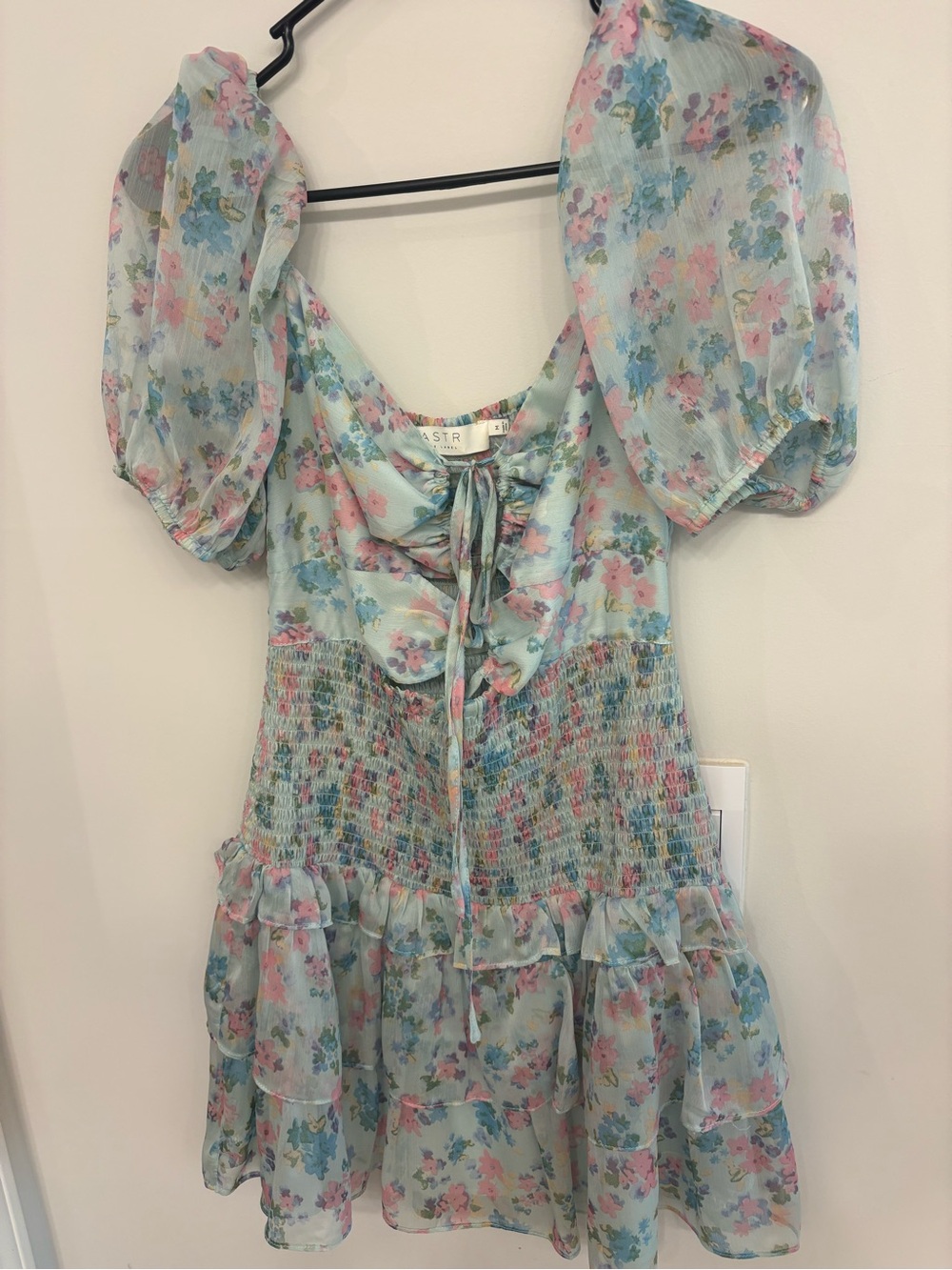 Astr Pastel Floral Tie-Front Smocked Mini Dress - Light Blue, Pink & Green